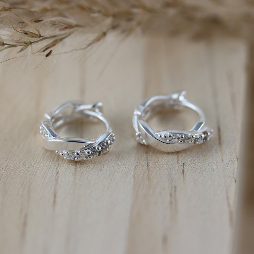 Silver Small Crossover Hoop Earrings with Cubic Zirconia