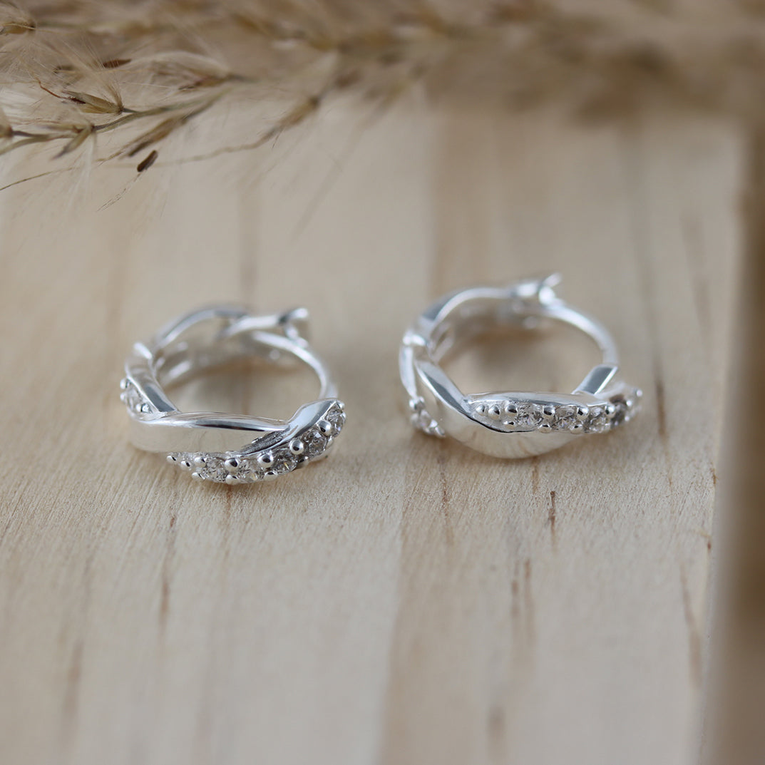 Silver Small Crossover Hoop Earrings with Cubic Zirconia