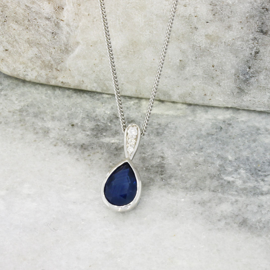 9ct White Gold Pear Shape Sapphire & Diamond Pendant