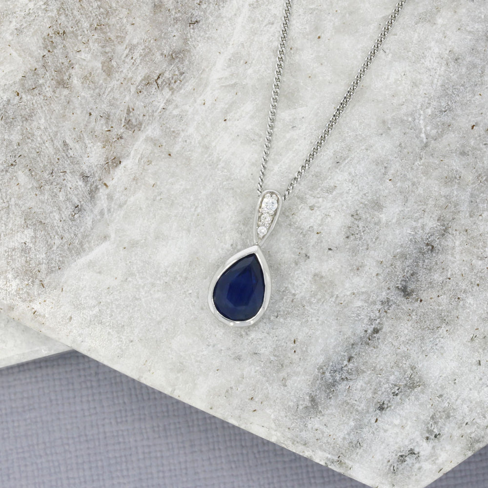 9ct White Gold Pear Shape Sapphire & Diamond Pendant