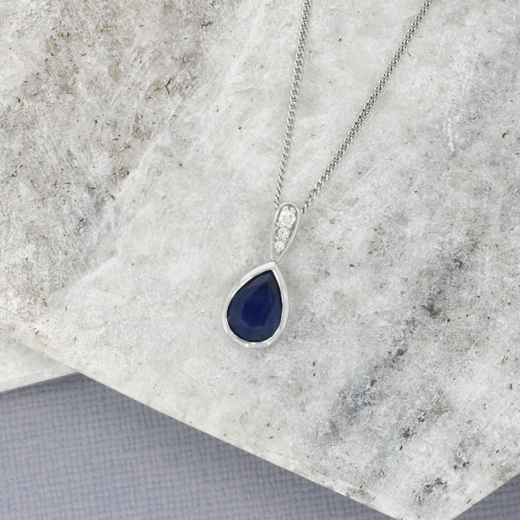 9ct White Gold Pear Shape Sapphire & Diamond Pendant