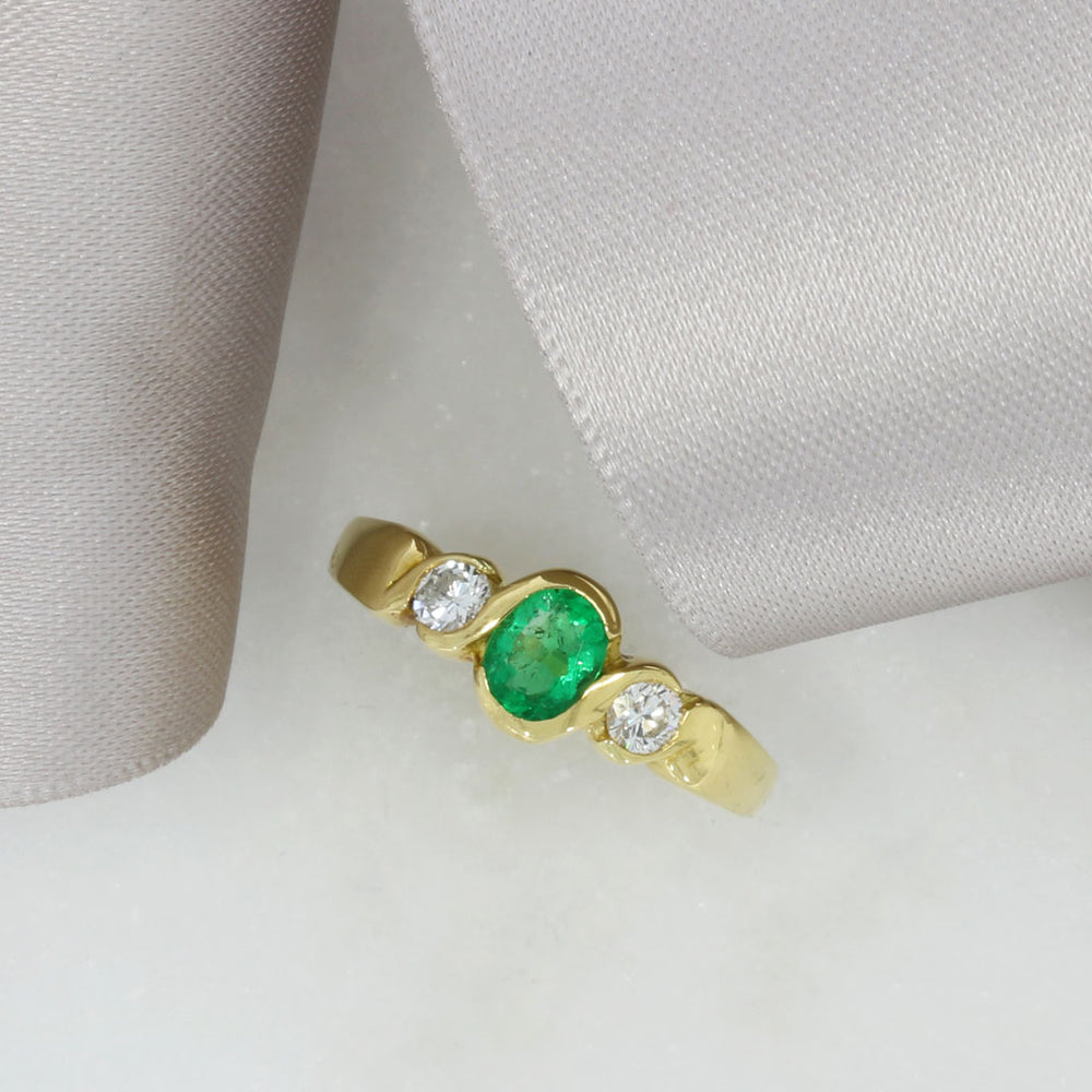 18ct Yellow Gold Emerald & Diamond Three Stone Ring