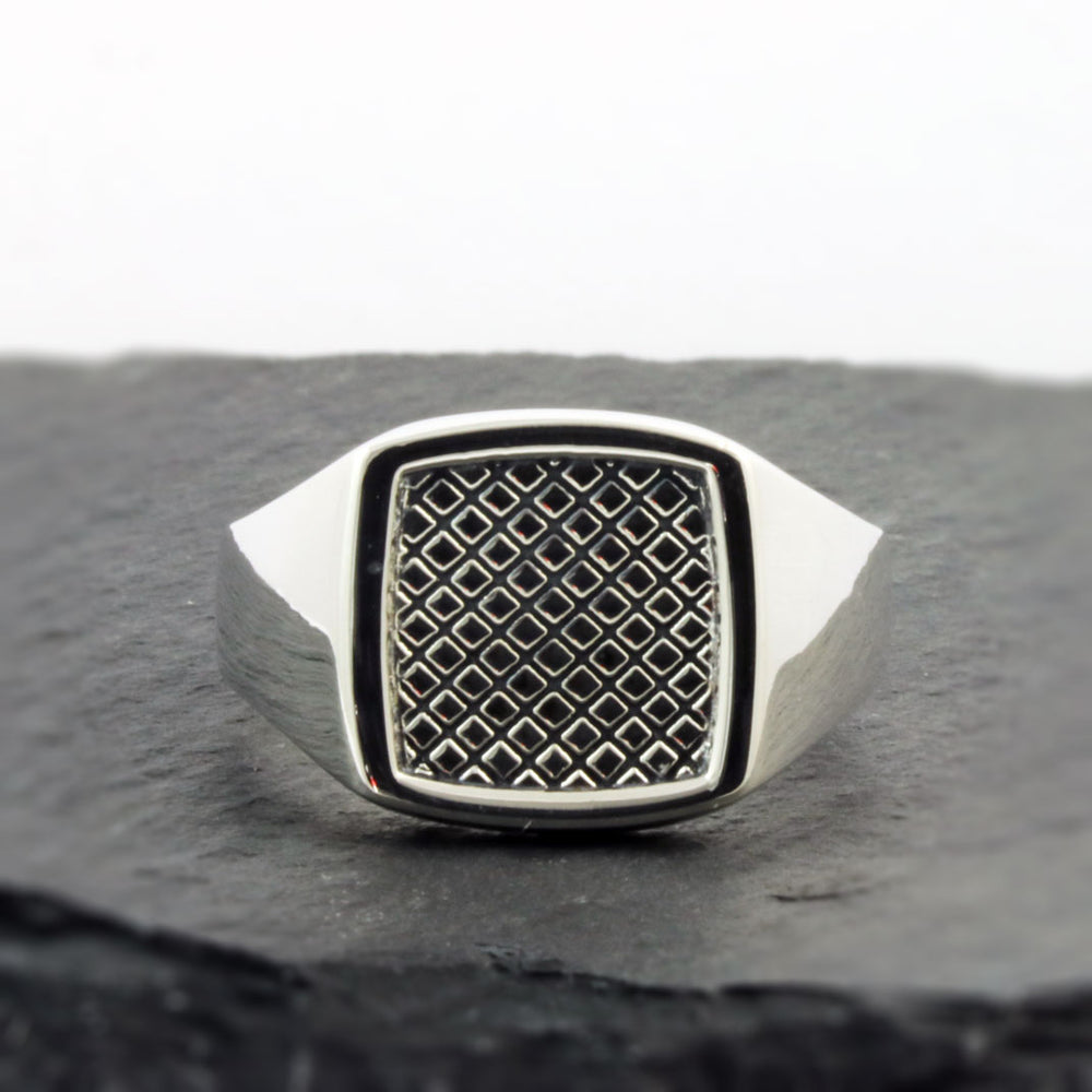 Silver Chunky Signet Ring with Oxidized Square Pattern