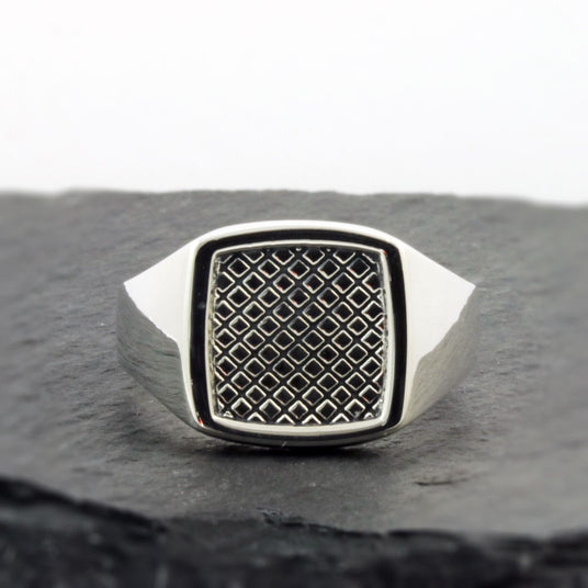 Silver Chunky Signet Ring with Oxidized Square Pattern