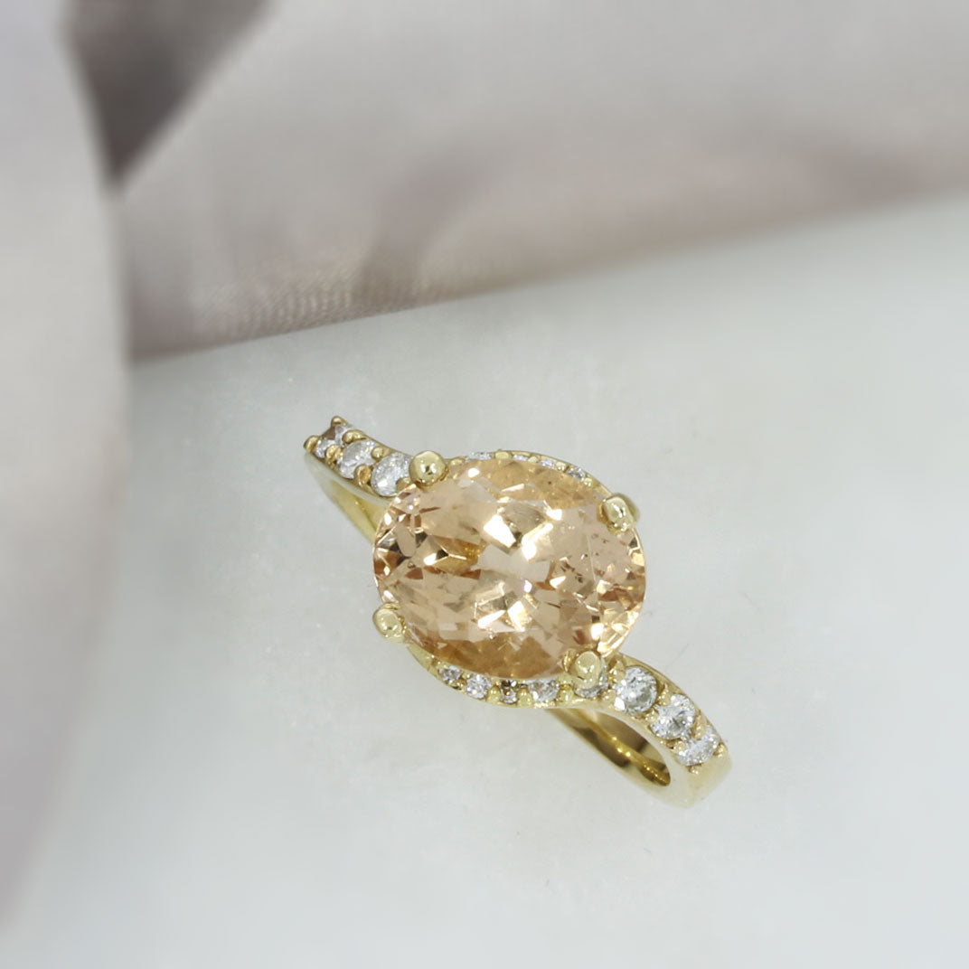 9ct Gold Morganite & Diamond Ring With Twist Shoulders