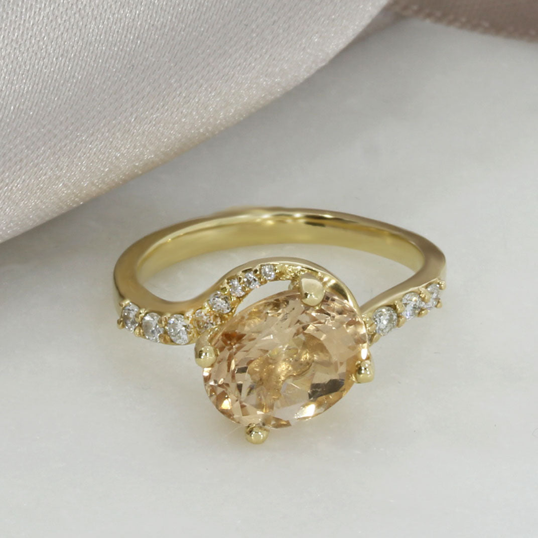 9ct Gold Morganite & Diamond Ring With Twist Shoulders