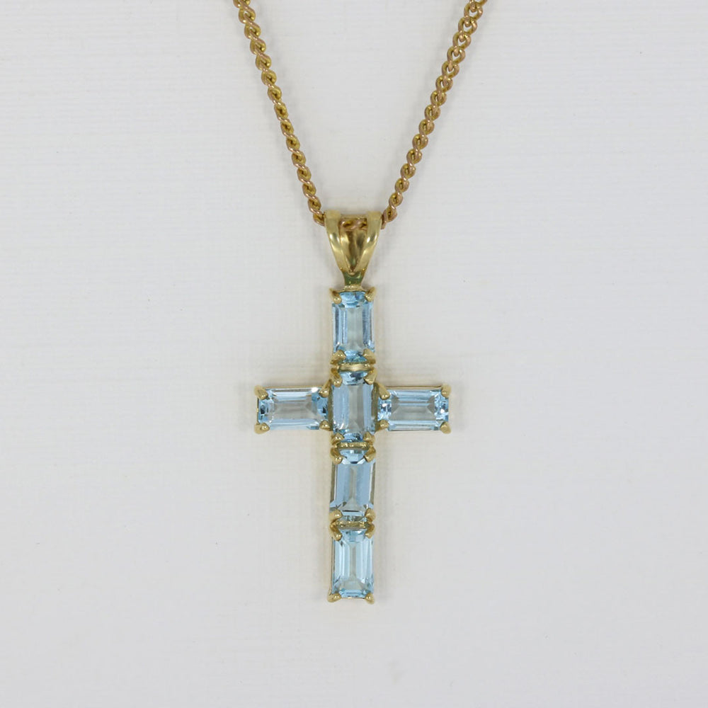 Pre Owned 9ct Yellow Gold Blue Topaz Cross & Chain