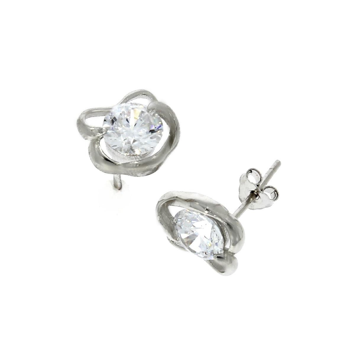 Silver Cubic Zirconia Contemporary Flower Stud Earring