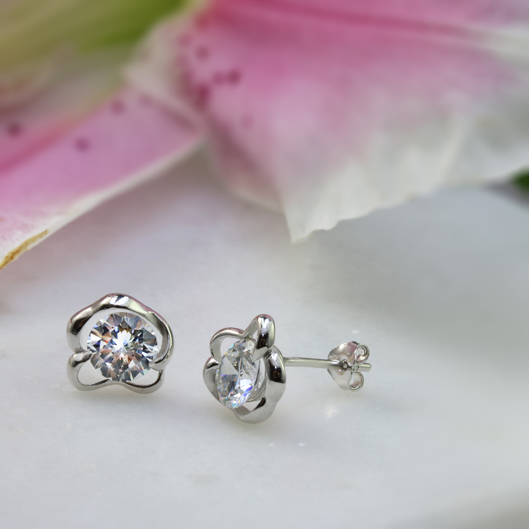 Silver Cubic Zirconia Contemporary Flower Stud Earring