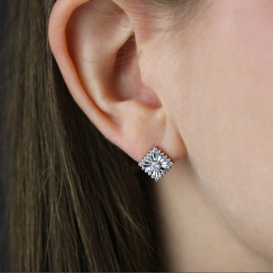 Silver Square CZ Stud Earring