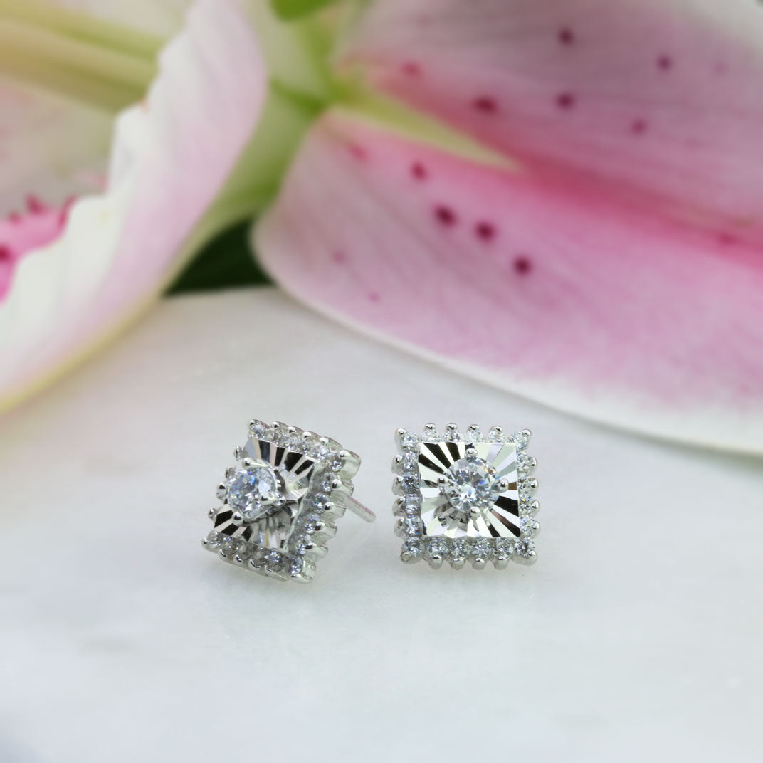 Silver Square CZ Stud Earring