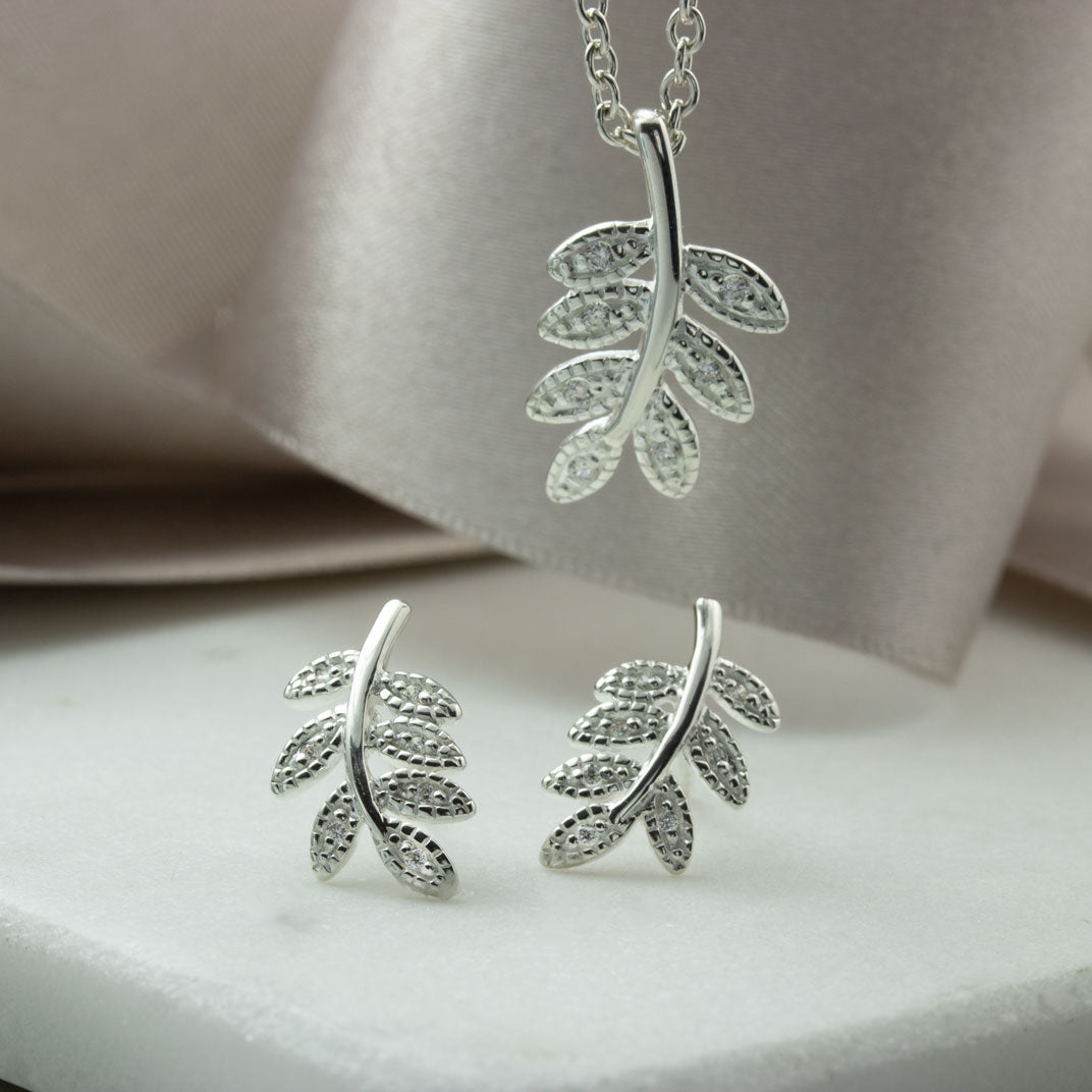 Silver Leaf Shaped CZ Studs