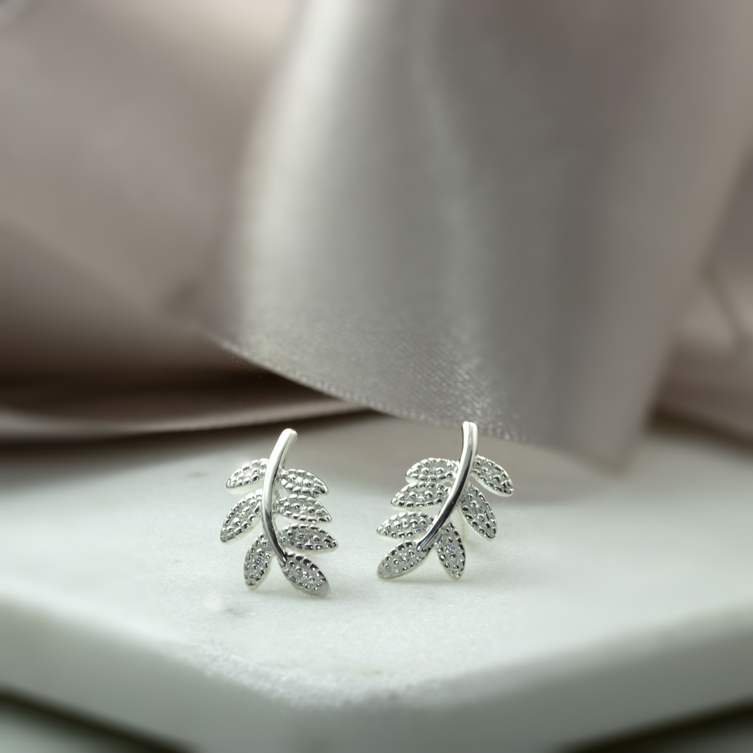 Silver Leaf Shaped CZ Studs
