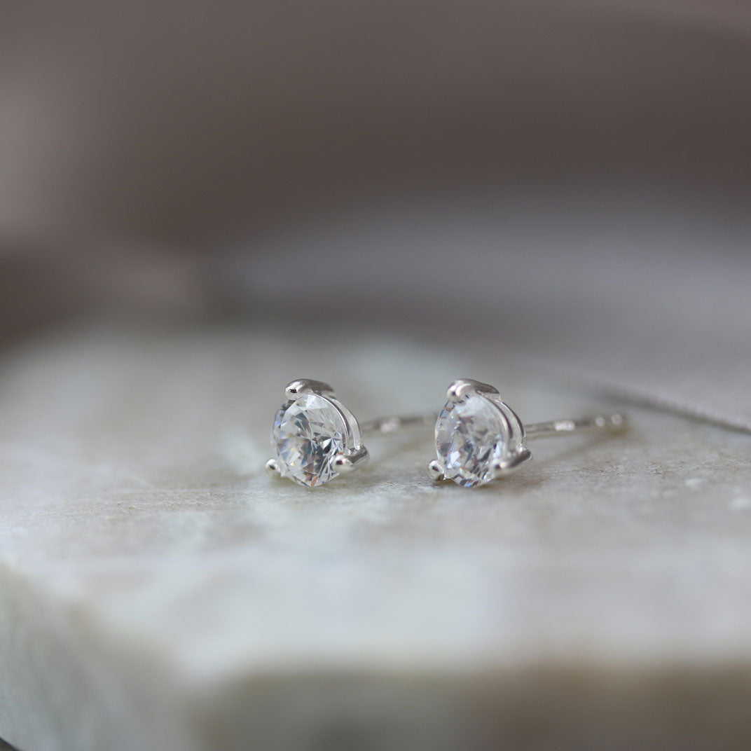 Silver 3 Claw Cubic Zirconia Stud Earrings