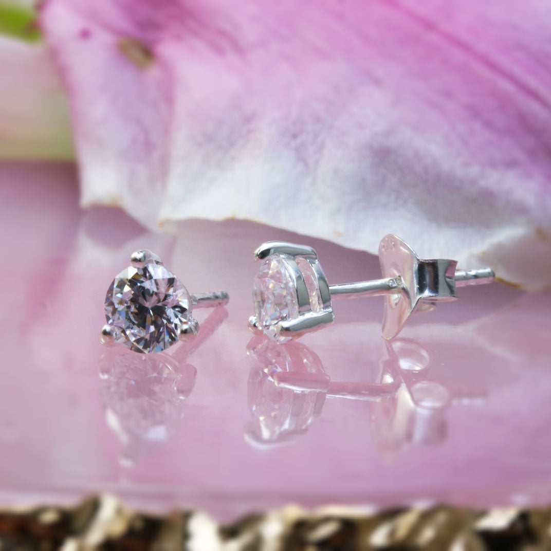 Silver 3 Claw Cubic Zirconia Stud Earrings