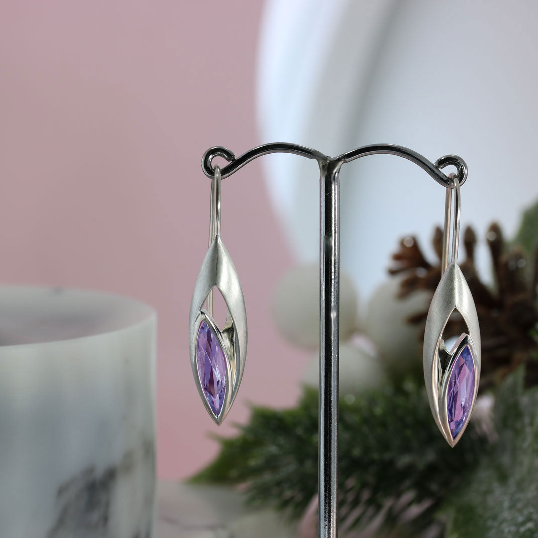 Silver Open Large Amethyst Marquise Shaped Drop Earrings