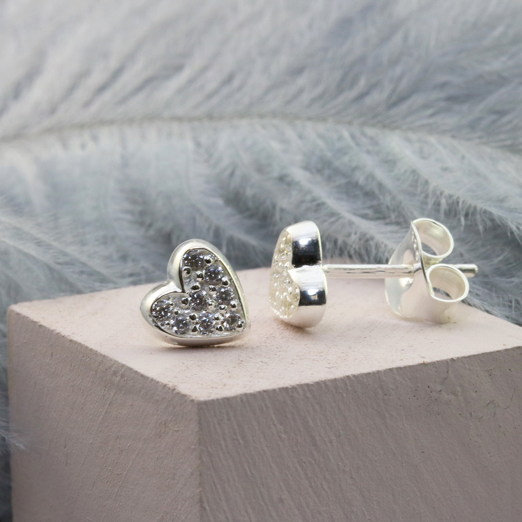 Silver CZ set Heart Stud Earrings