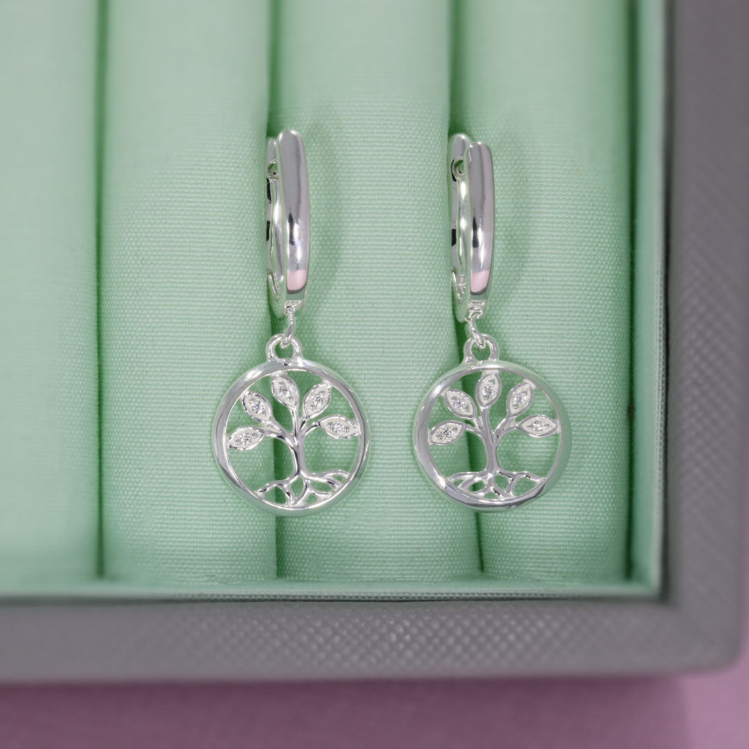 Silver Circle Tree of Life Drop Earrings Set with Cubic Zirconia's