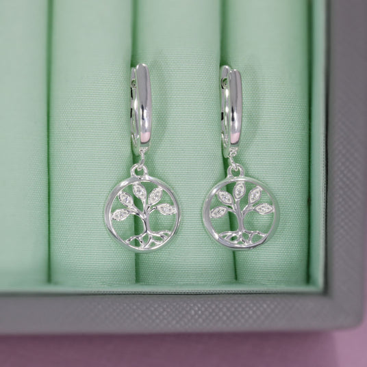 Silver Circle Tree of Life Drop Earrings Set with Cubic Zirconia's