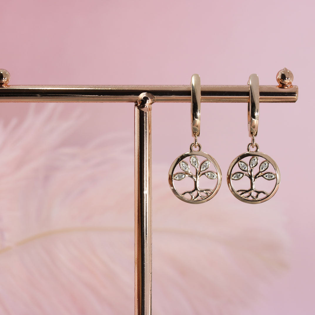 Silver & Rose Gold Circle Tree of Life Drop Earrings Set with Diamonds