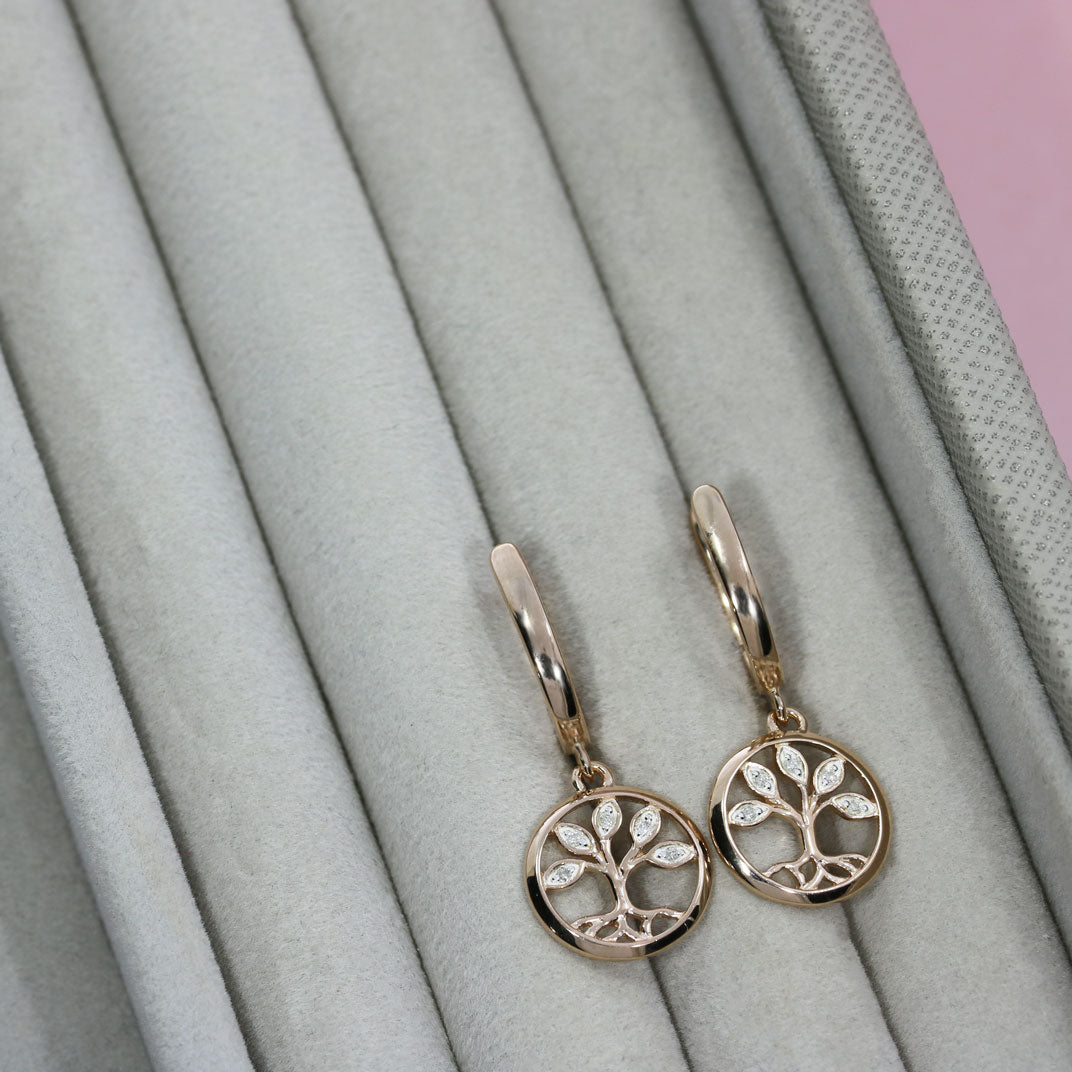 Silver & Rose Gold Circle Tree of Life Drop Earrings Set with Diamonds