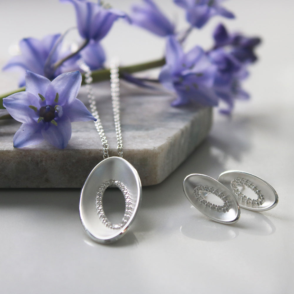 Silver Oval Brushed CZ Pendant