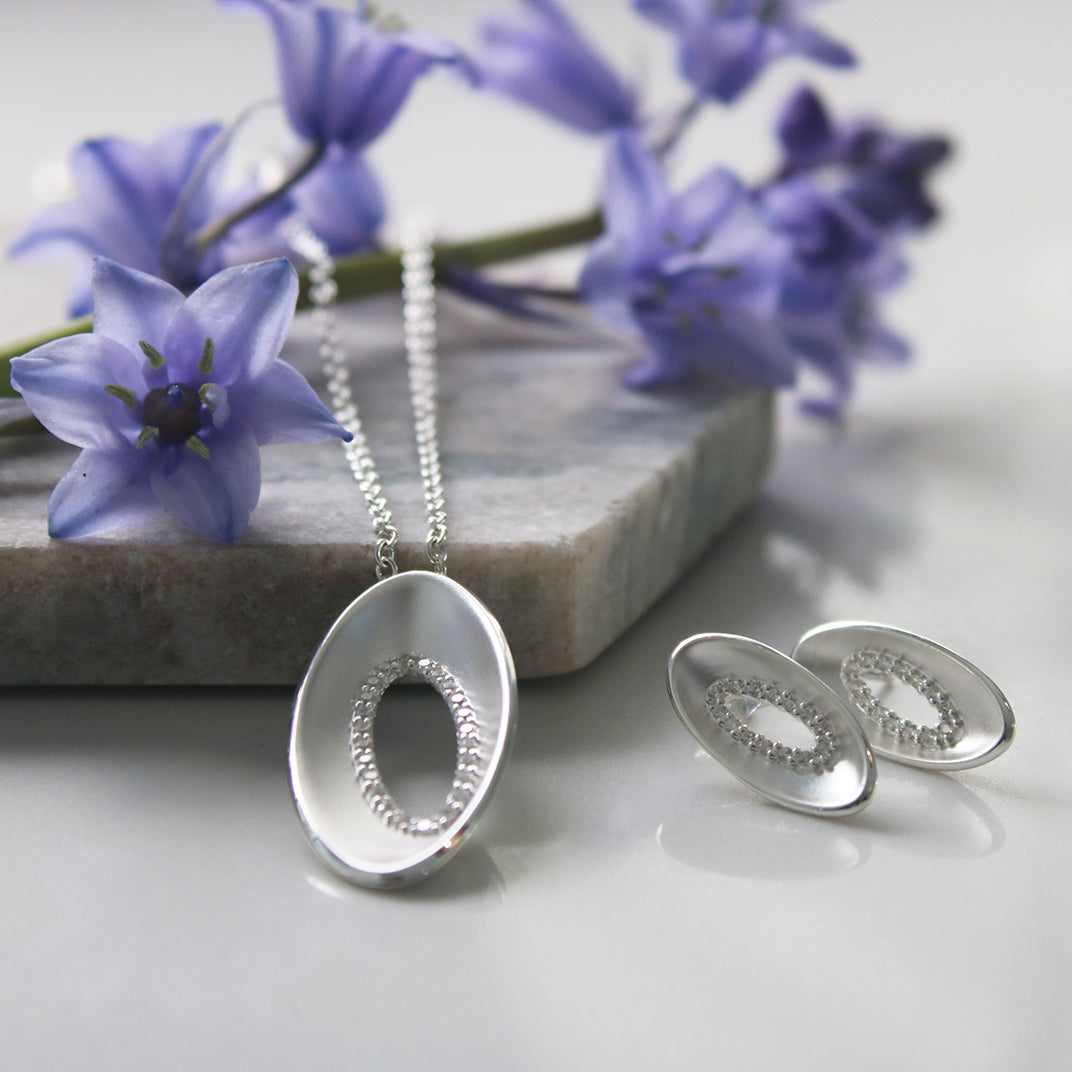 Silver Oval Brushed CZ Pendant