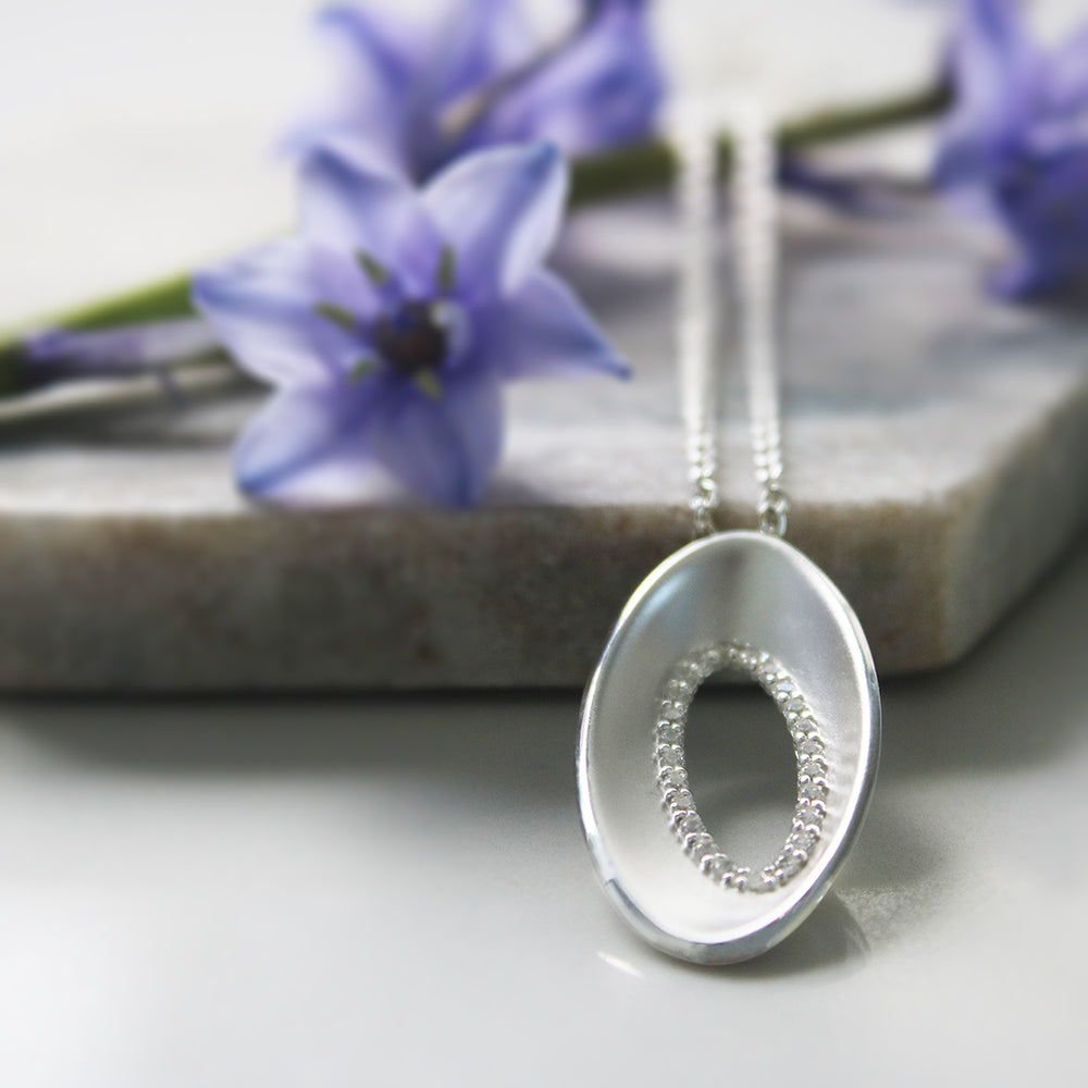 Silver Oval Brushed CZ Pendant