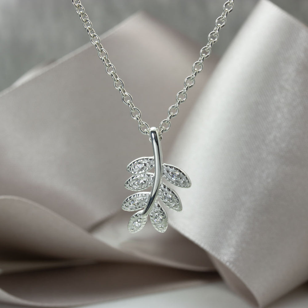 Silver CZ Leaf Pendant on a Silver Chain
