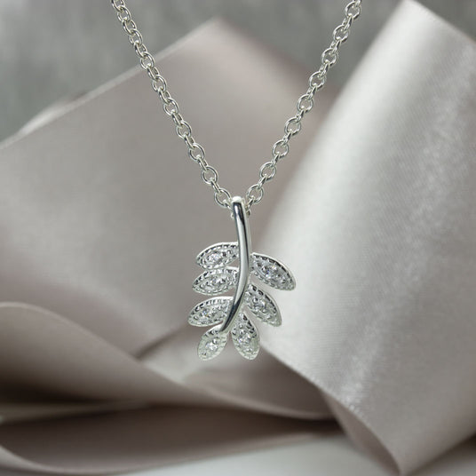 Silver CZ Leaf Pendant on a Silver Chain