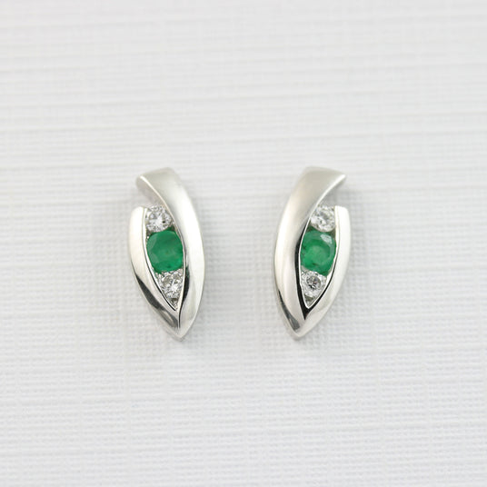 9ct Gold Marquise Shape Emerald & Diamond Studs