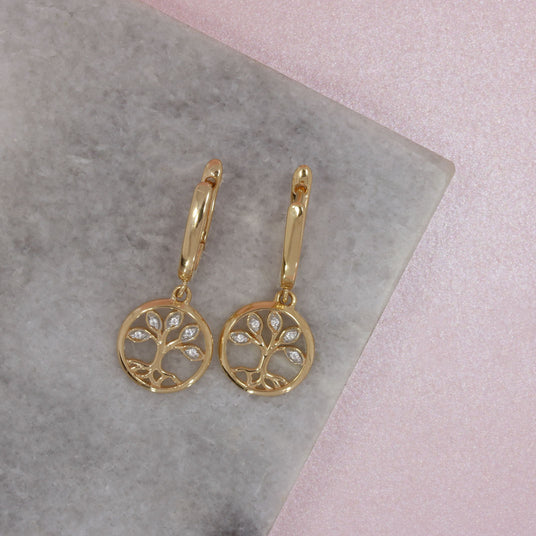 Silver Rose Gold Plated Circle Tree of Life Drop Earrings Set with Cubic Zirconia