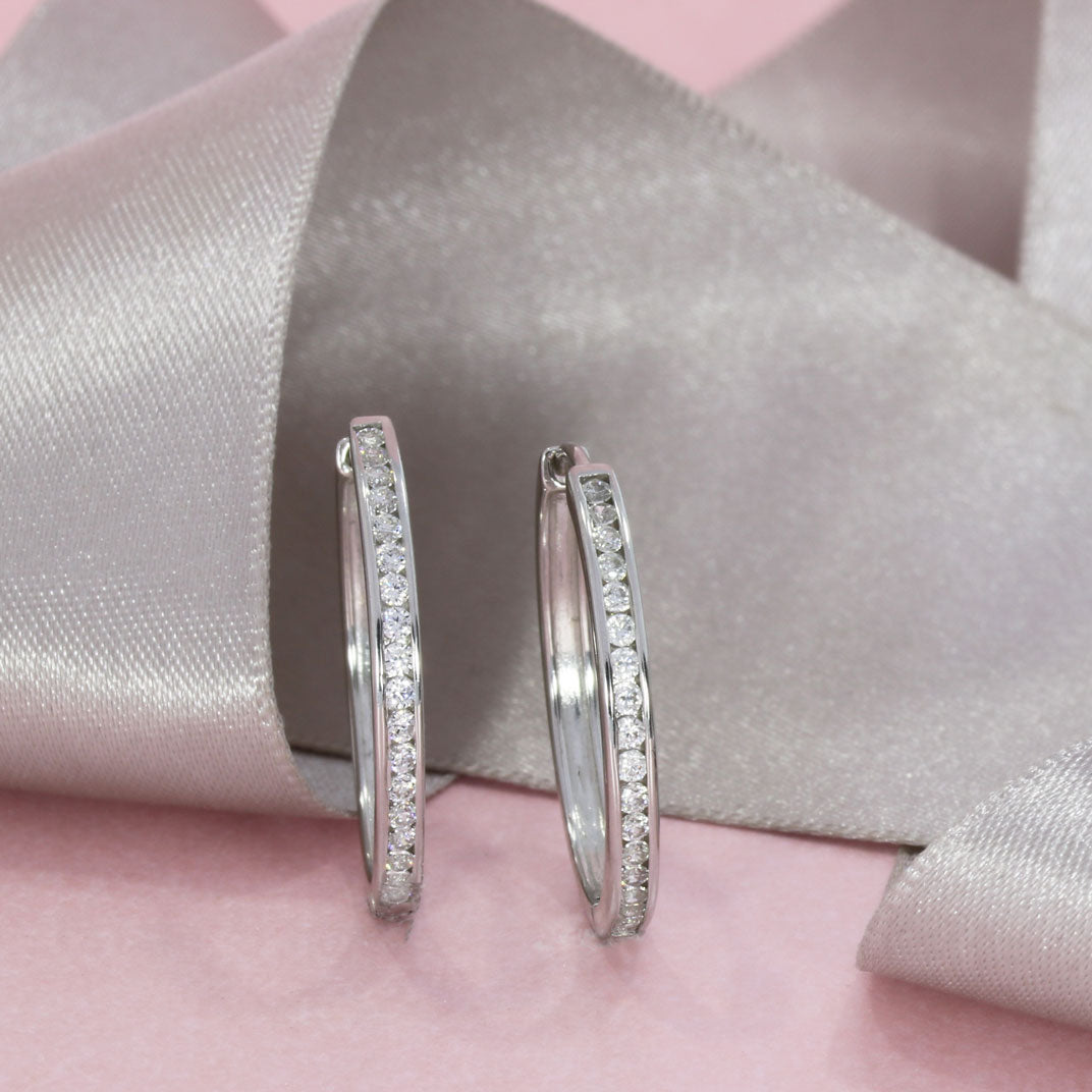Silver Channel Set Cubic Zirconia Hoops 23mm