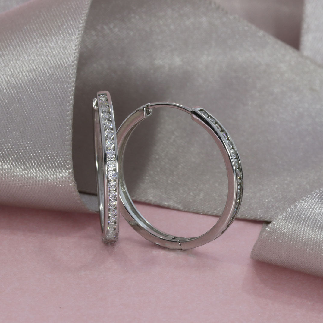 Silver Channel Set Cubic Zirconia Hoops 23mm