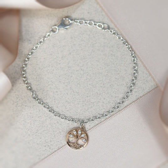 Silver Rose Gold Tree Of Life Charm Bracelet