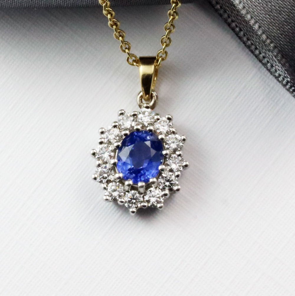 18ct Yellow & White Gold Oval Sapphire and Diamond Cluster Pendant