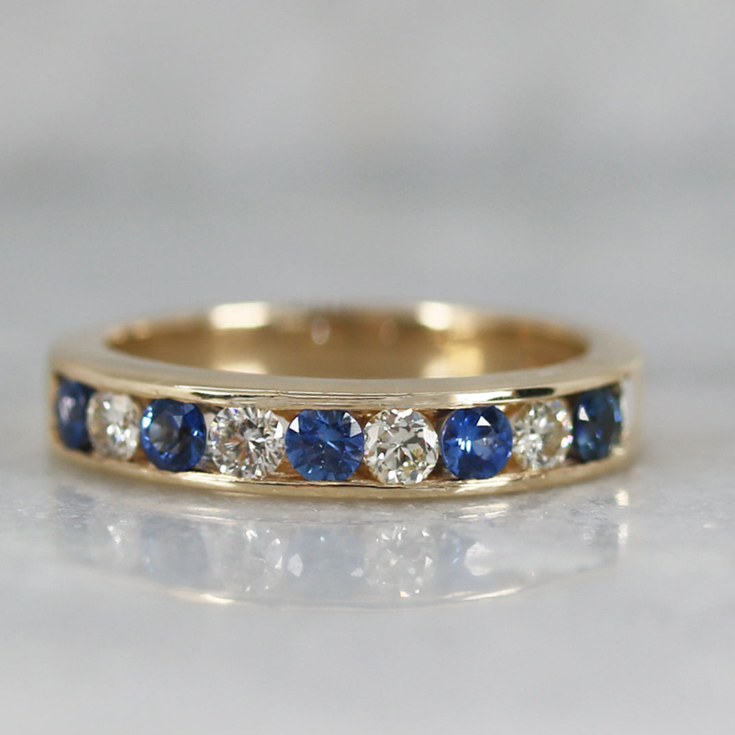 9ct Yellow Gold Sapphire & Diamond Half Eternity Ring