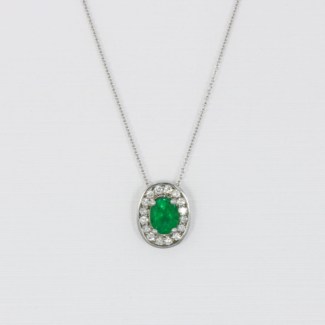 18ct White Gold Emerald and Diamond Halo Cluster Pendant