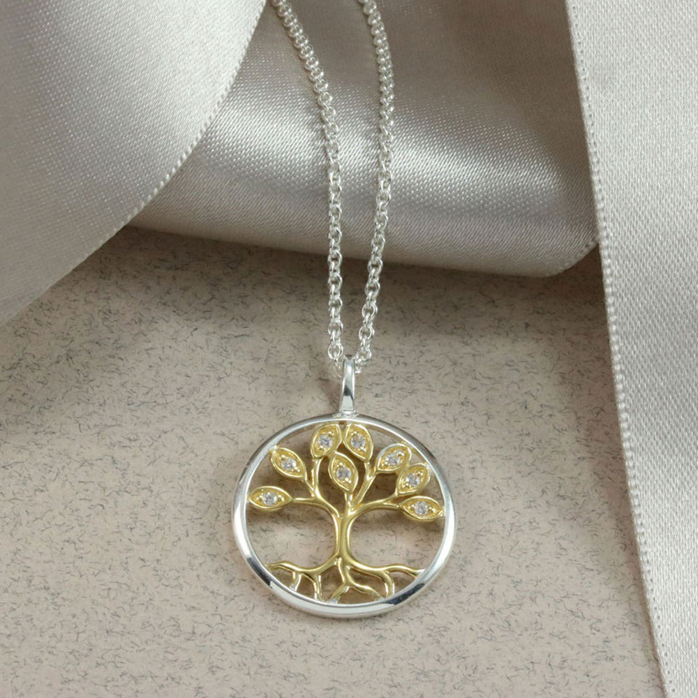 Silver and CZ Tree Of Life Pendant with Yellow Gold Accent