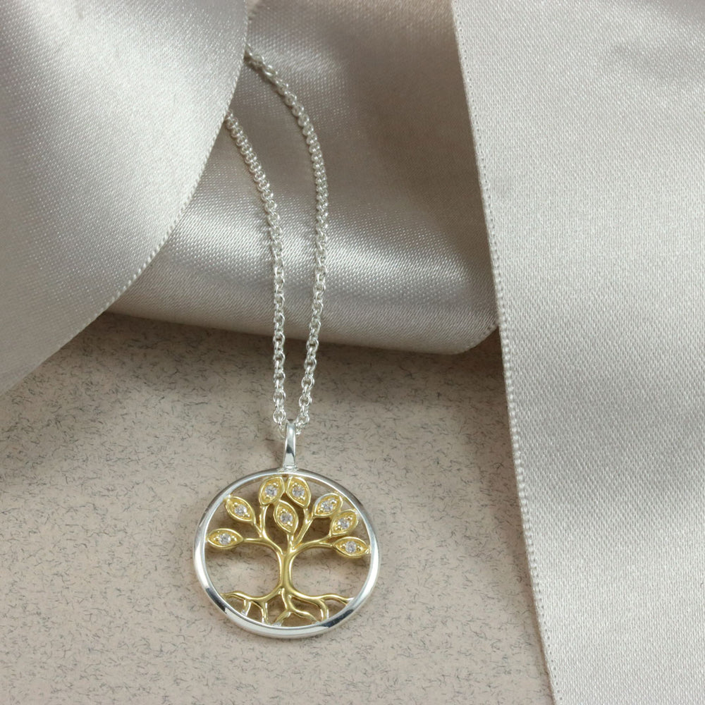 Silver and CZ Tree Of Life Pendant with Yellow Gold Accent