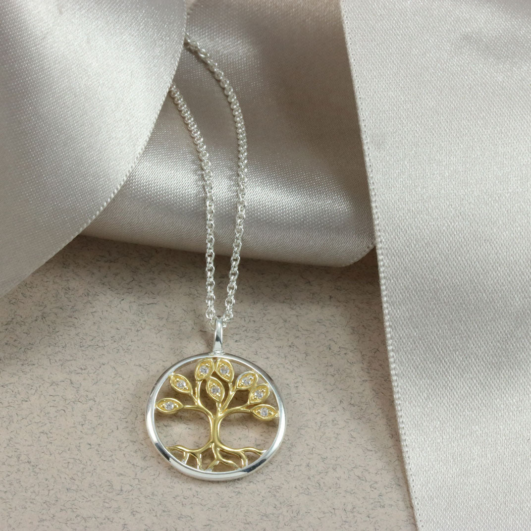 Silver and CZ Tree Of Life Pendant with Yellow Gold Accent