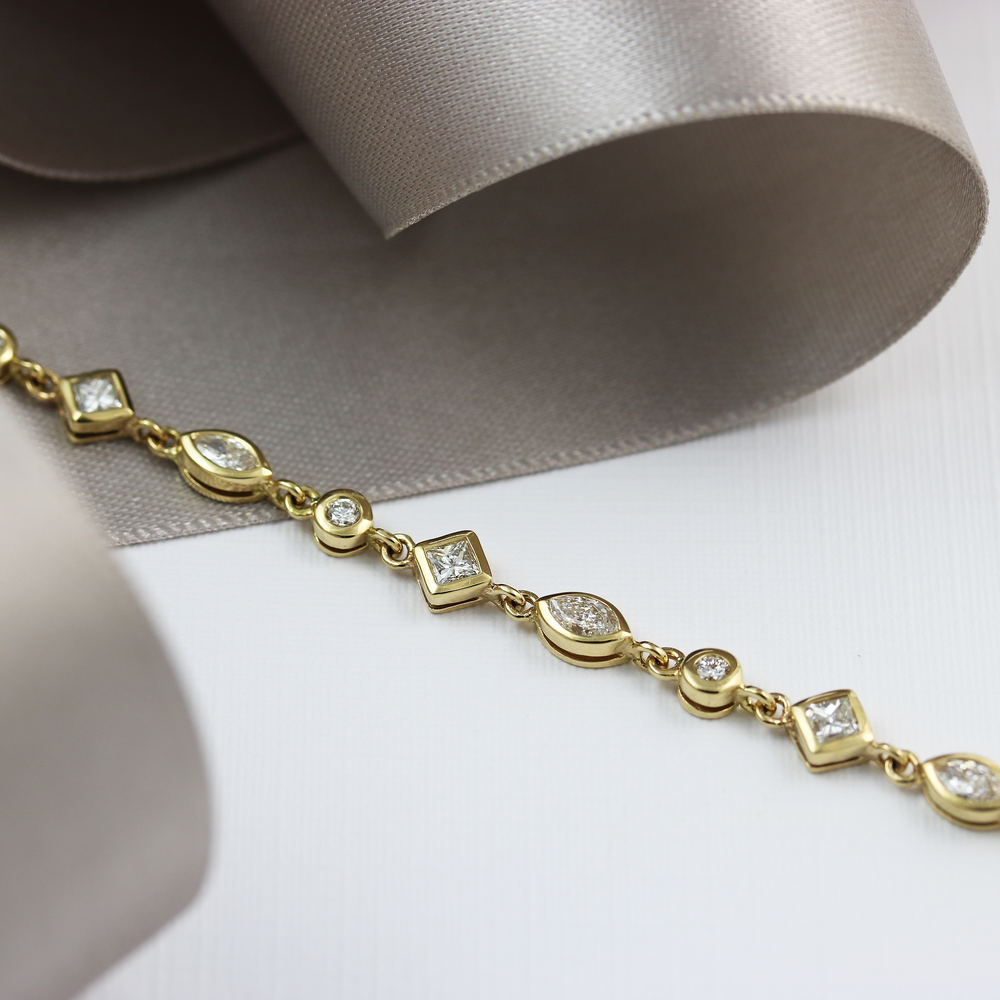 18ct Yellow Gold Marquise and Princess Cut Diamond Line Bracelet 1.60ct