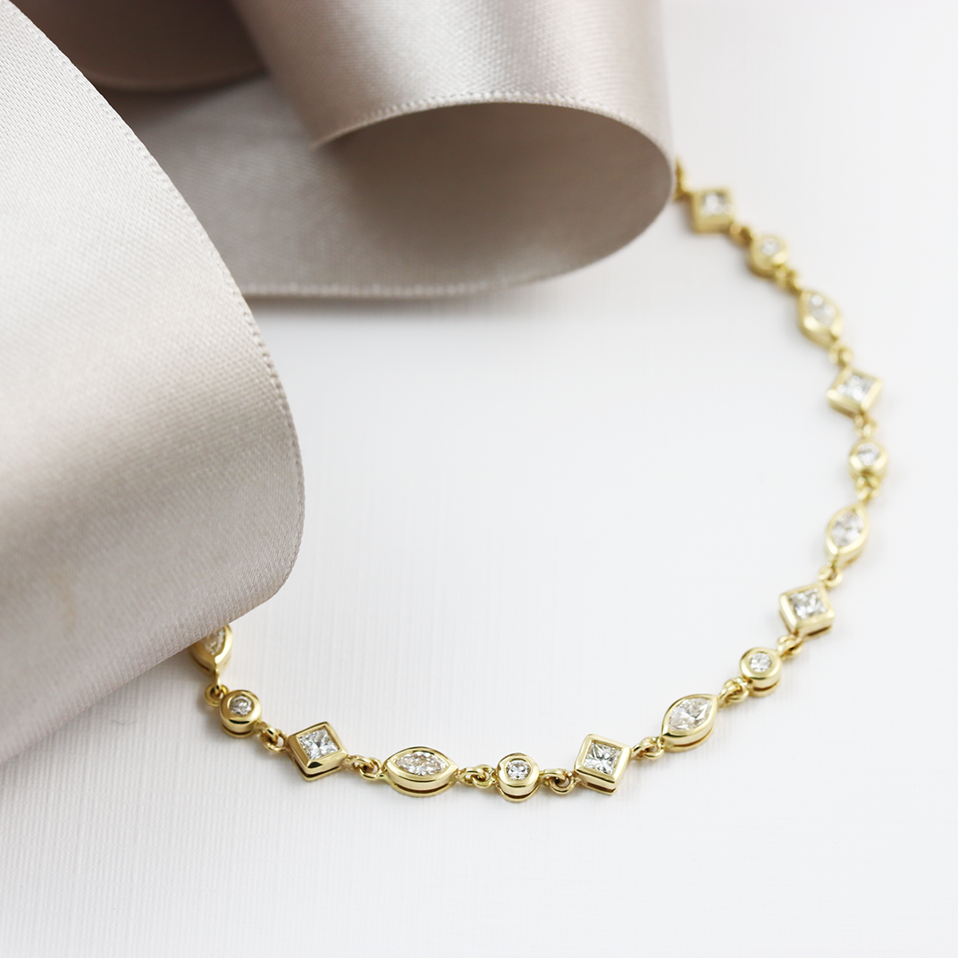 18ct Yellow Gold Marquise and Princess Cut Diamond Line Bracelet 1.60ct