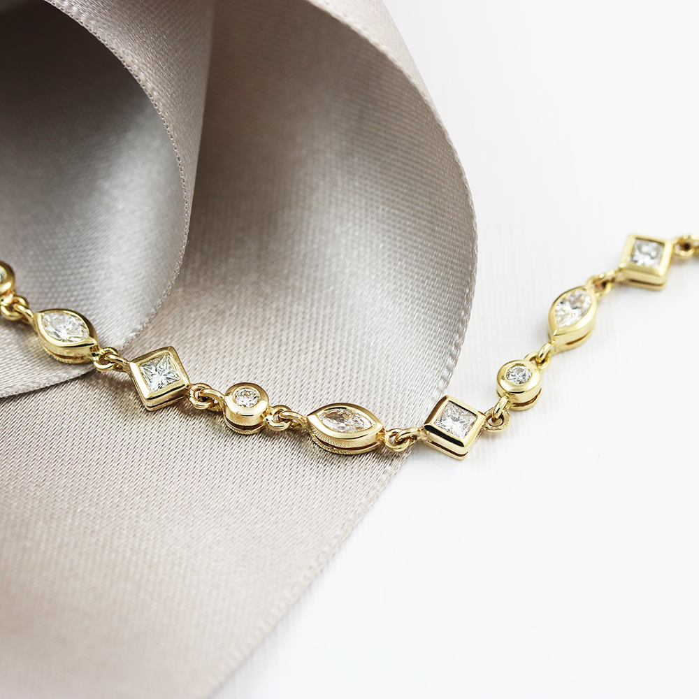 18ct Yellow Gold Marquise and Princess Cut Diamond Line Bracelet 1.60ct