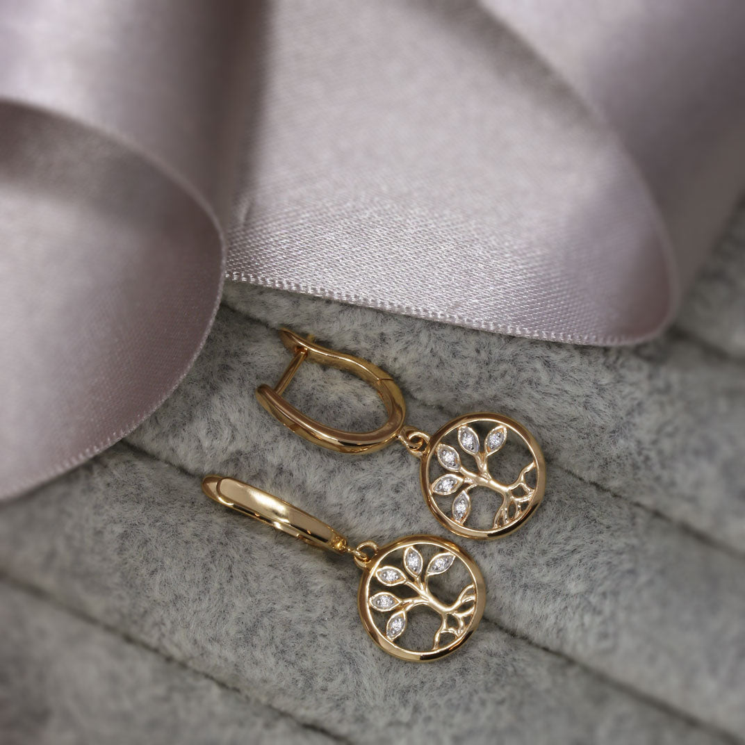 Silver Rose Gold Plated Circle Tree of Life Drop Earrings Set with Cubic Zirconia