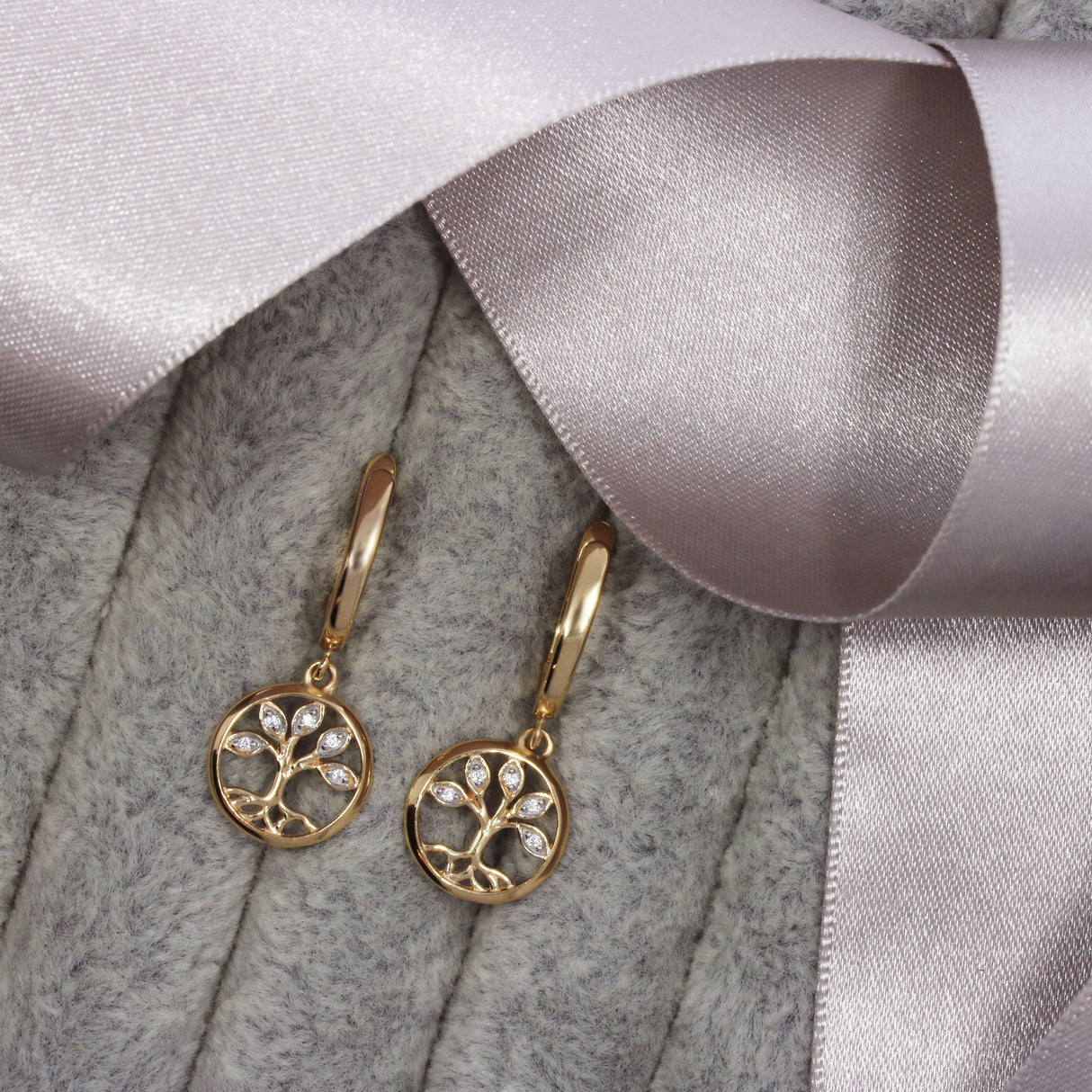 Silver Rose Gold Plated Circle Tree of Life Drop Earrings Set with Cubic Zirconia