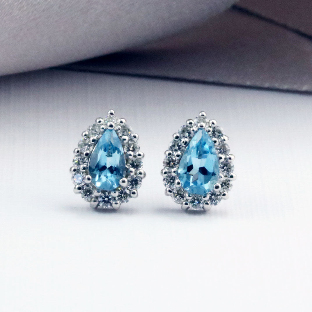 9ct White Gold Aquamarine & Diamond Cluster Earrings