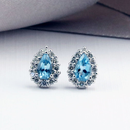 9ct White Gold Aquamarine & Diamond Cluster Earrings