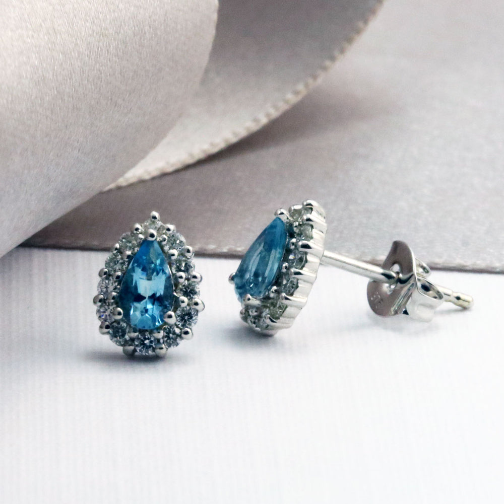 9ct White Gold Aquamarine & Diamond Cluster Earrings