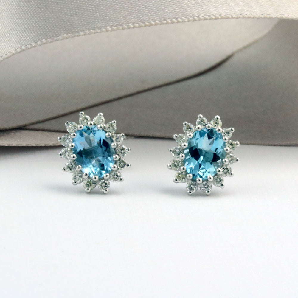 9ct White Gold Diamond and Aquamarine Cluster Earrings